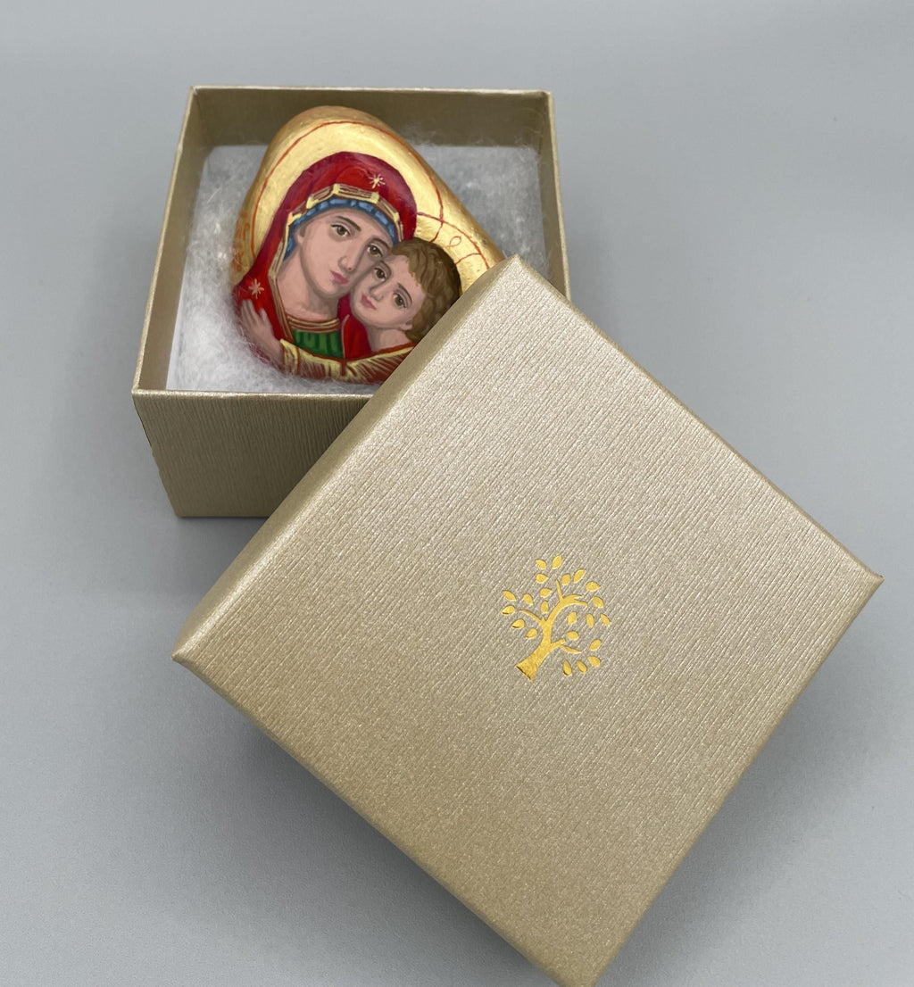 Icône sur pierre naturelle – Vierge à l'Enfant, peinte à la main