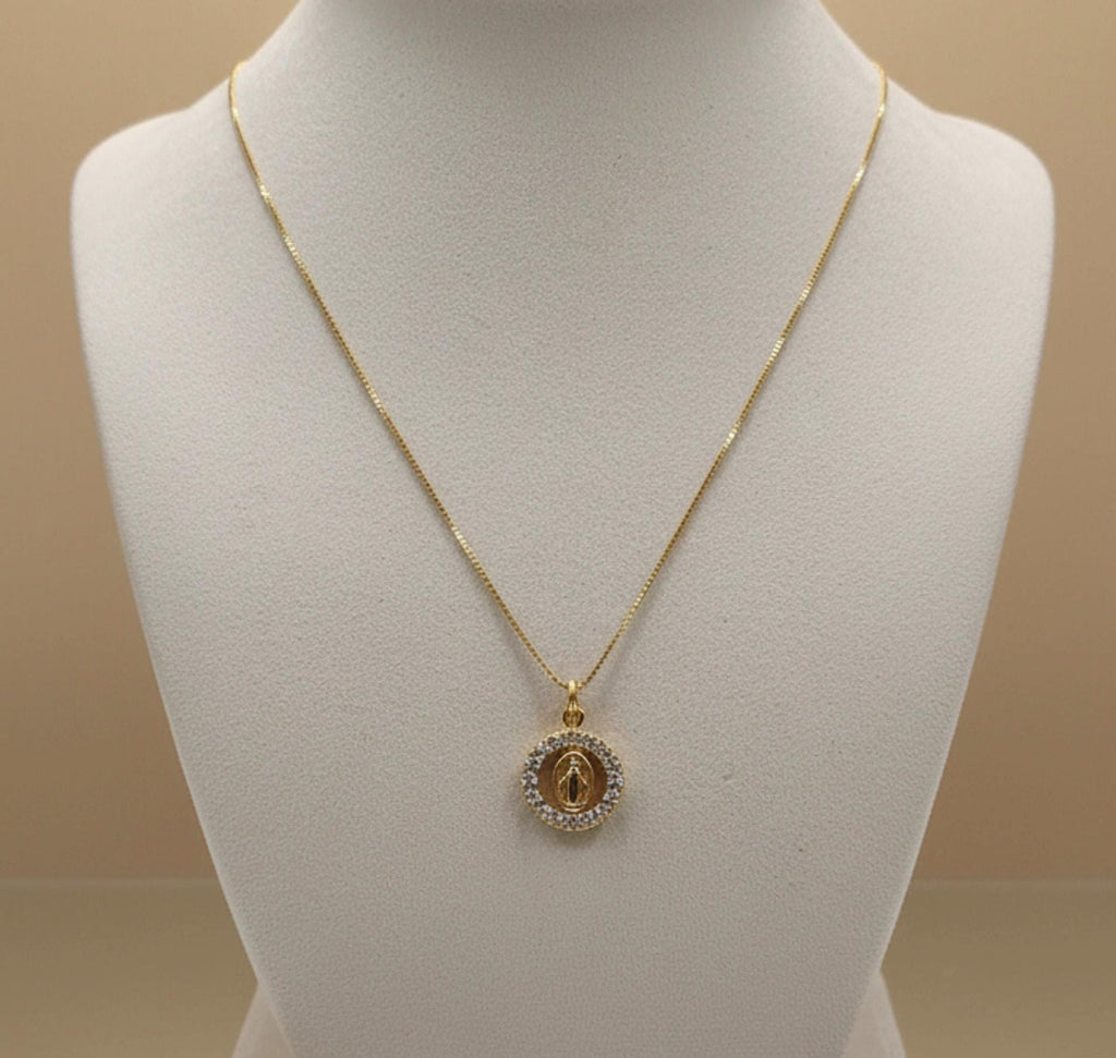 Collana Medaglia Miracolosa con zirconi e catenina in argento 925 placcata oro – 50 cm