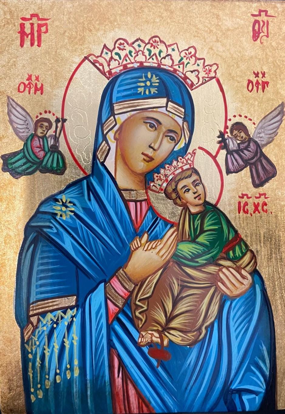 Icona Sacra Madonna del Soccorso con Corona 10x14 cm – Dipinta a Mano