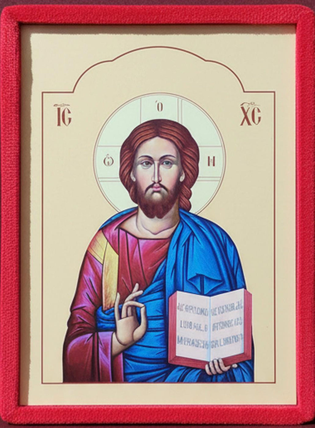 Dittico apribile Cristo Pantocratore e Madonna della Tenerezza in velluto rosso – 40 x 27 cm