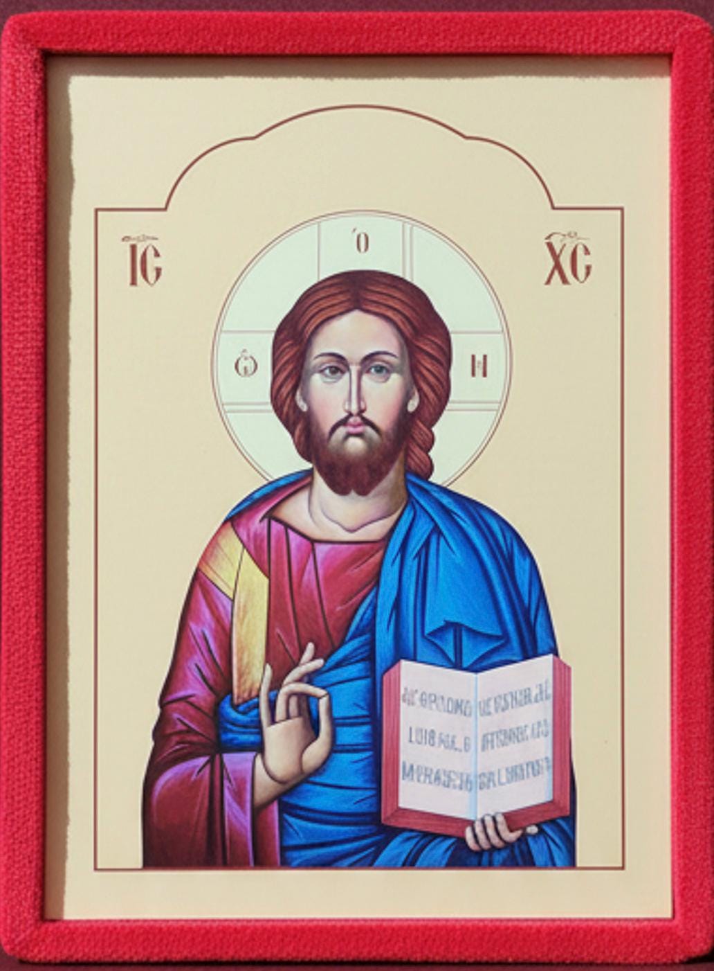 Dittico apribile Cristo Pantocratore e Madonna della Tenerezza in velluto rosso – 40 x 27 cm