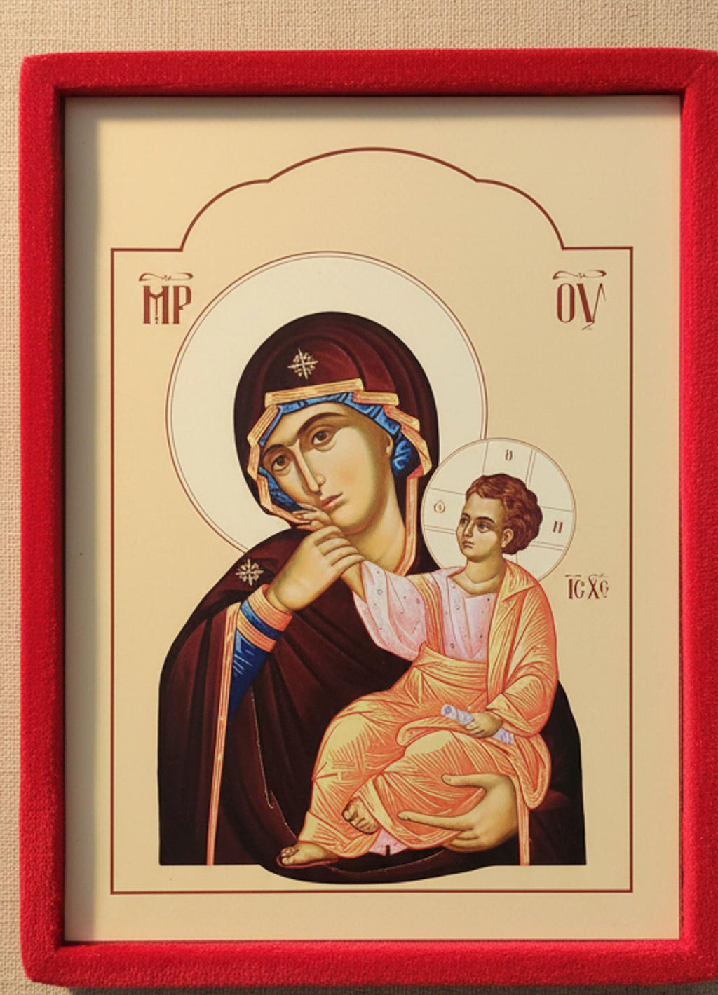 Dittico apribile Cristo Pantocratore e Madonna della Tenerezza in velluto rosso – 40 x 27 cm