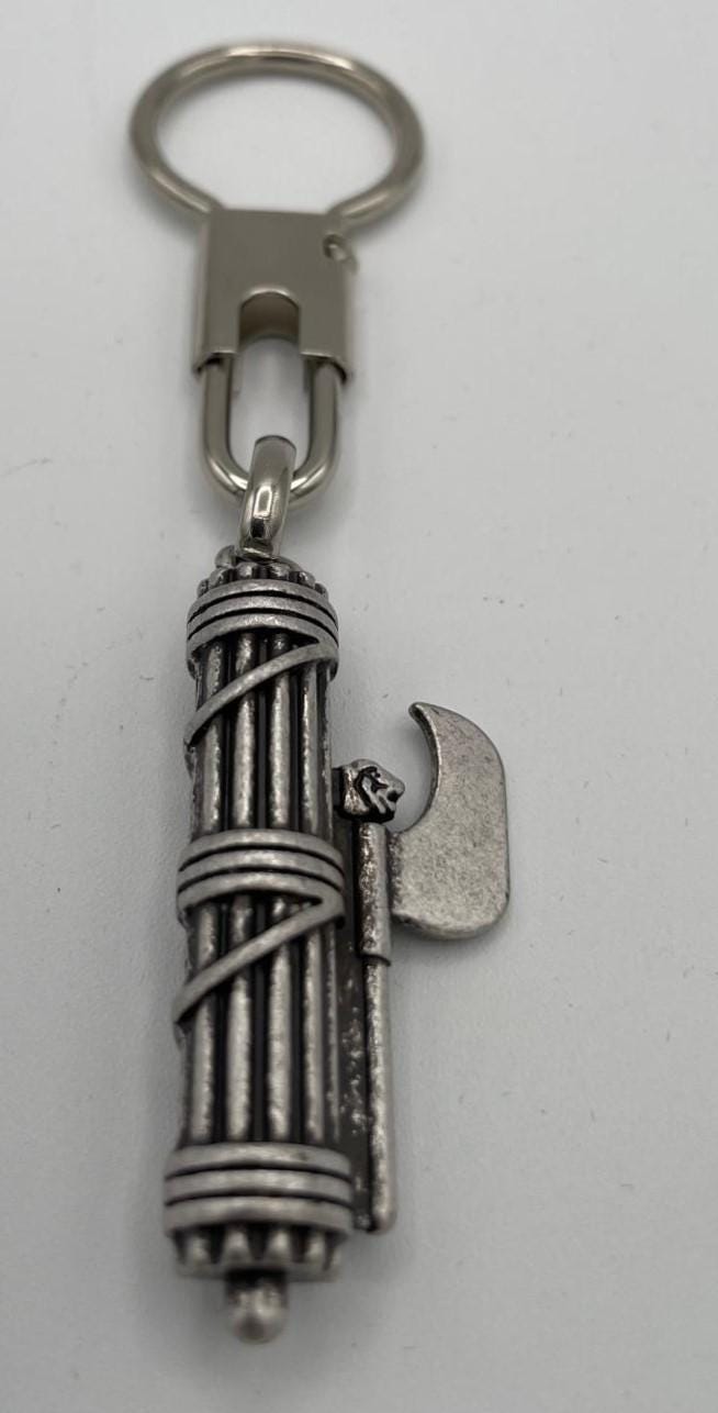 Fascio Littorio Keychain with Axe – Vintage Silver-Plated Metal, 11 cm