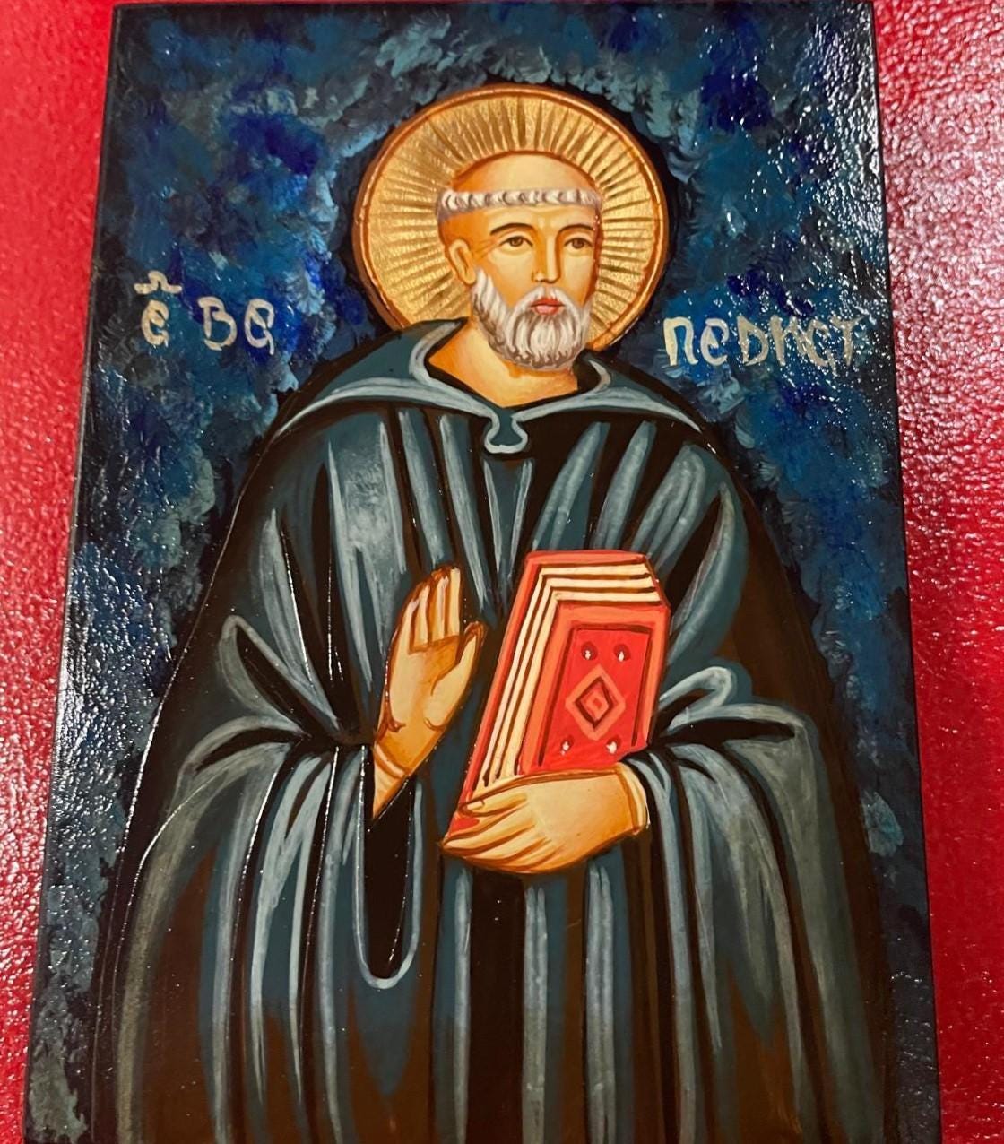 Icona Sacra San Benedetto da Norcia dipinta a mano su legno