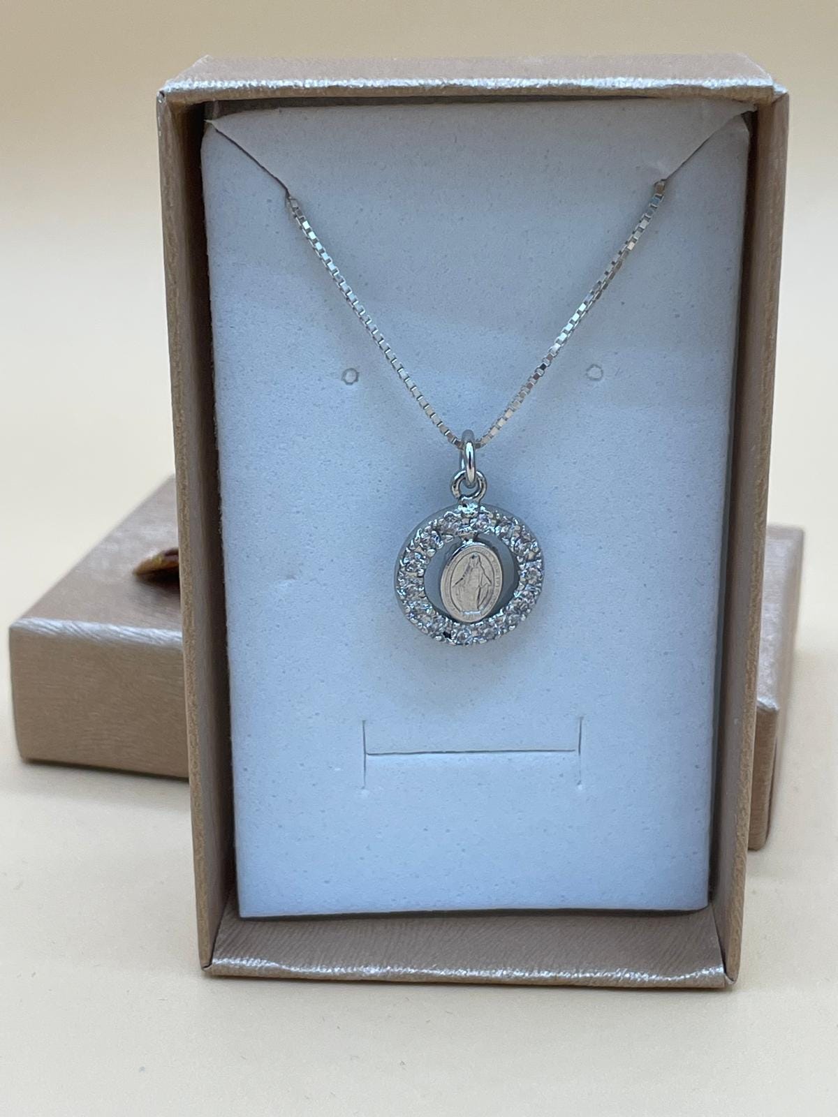 Collana Medaglia Miracolosa con zirconi e catenina in argento 925 – 50 cm