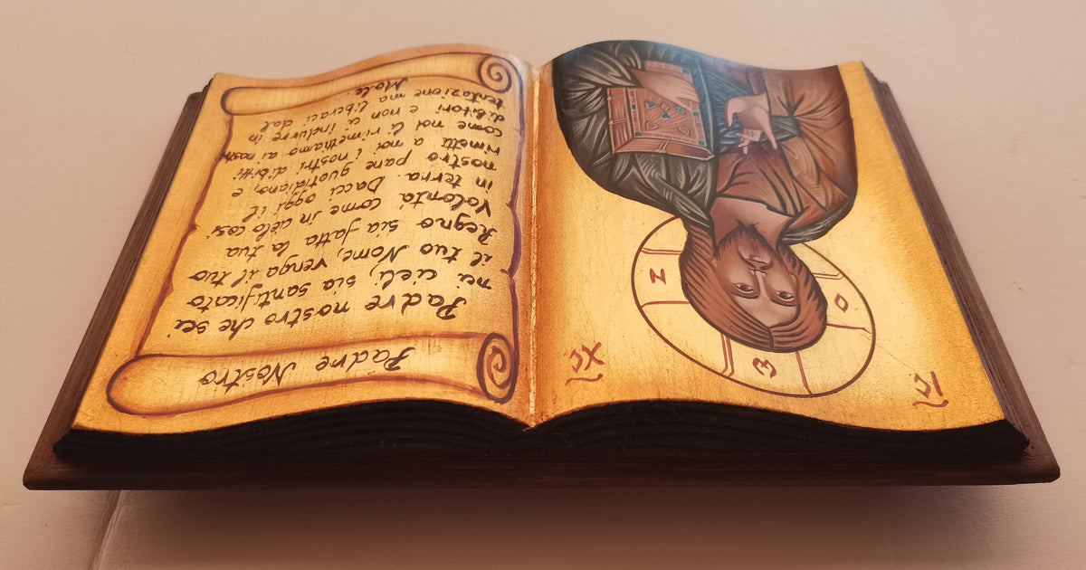 Icona a Forma di Libro Gesù Pantocratore con Padre Nostro 20x30 cm