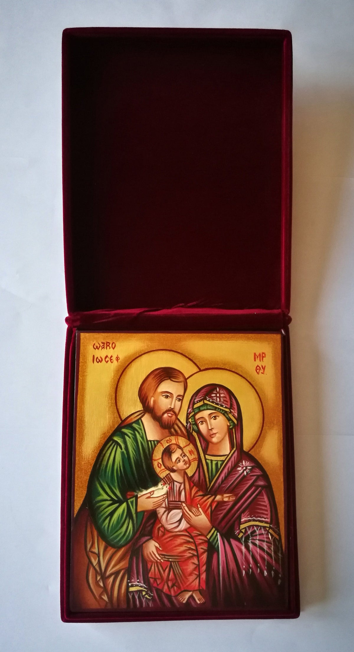 Icona Sacra Famiglia con Colombe 14x18 cm – Dipinta a Mano su Legno