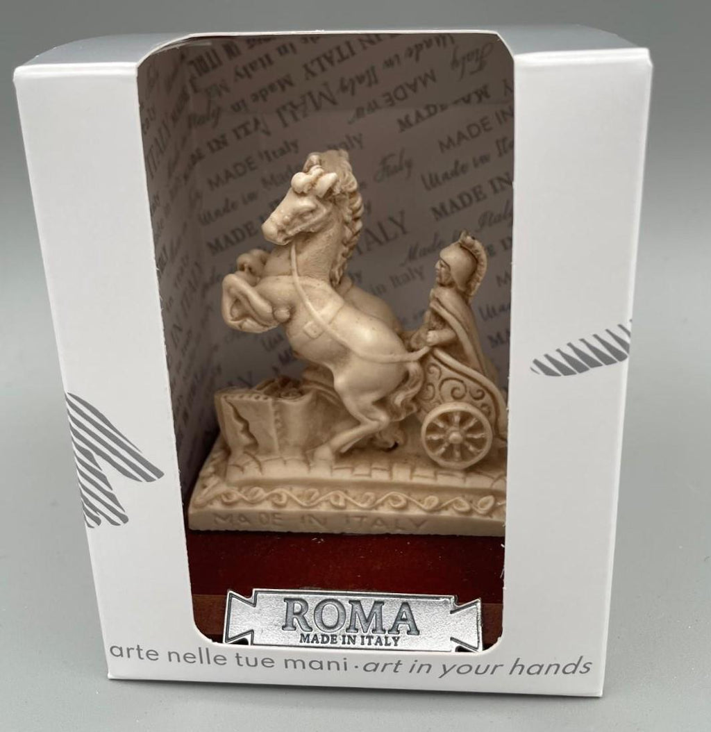 Decorative resin Roman chariot on a wooden base – 10 x 9 x 8 cm