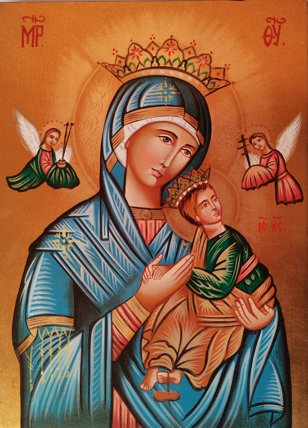Icona Sacra Madonna del Perpetuo Soccorso con Corona 14x18 cm – Dipinta a Mano