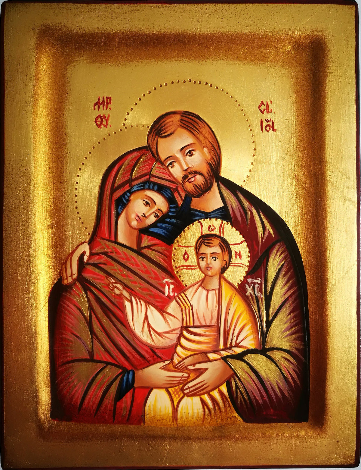 Icona Sacra Ortodossa Sacra Famiglia Dipinta a Mano su Legno con Foglia d'Oro 14x18 cm