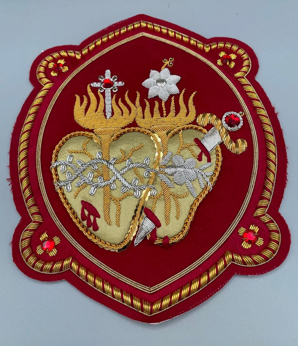 Icona Sacro Cuore di Gesù e Sacro Cuore di Maria Ricamata in Filo Oro 18x18 cm