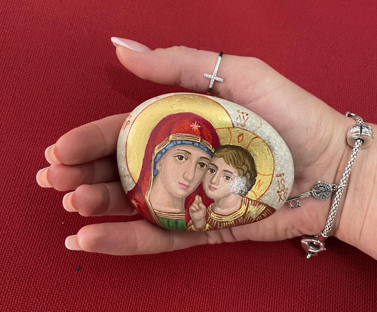 Icon of Madonna and Child on Natural Stone – Byzantine Style, Hand-Painted