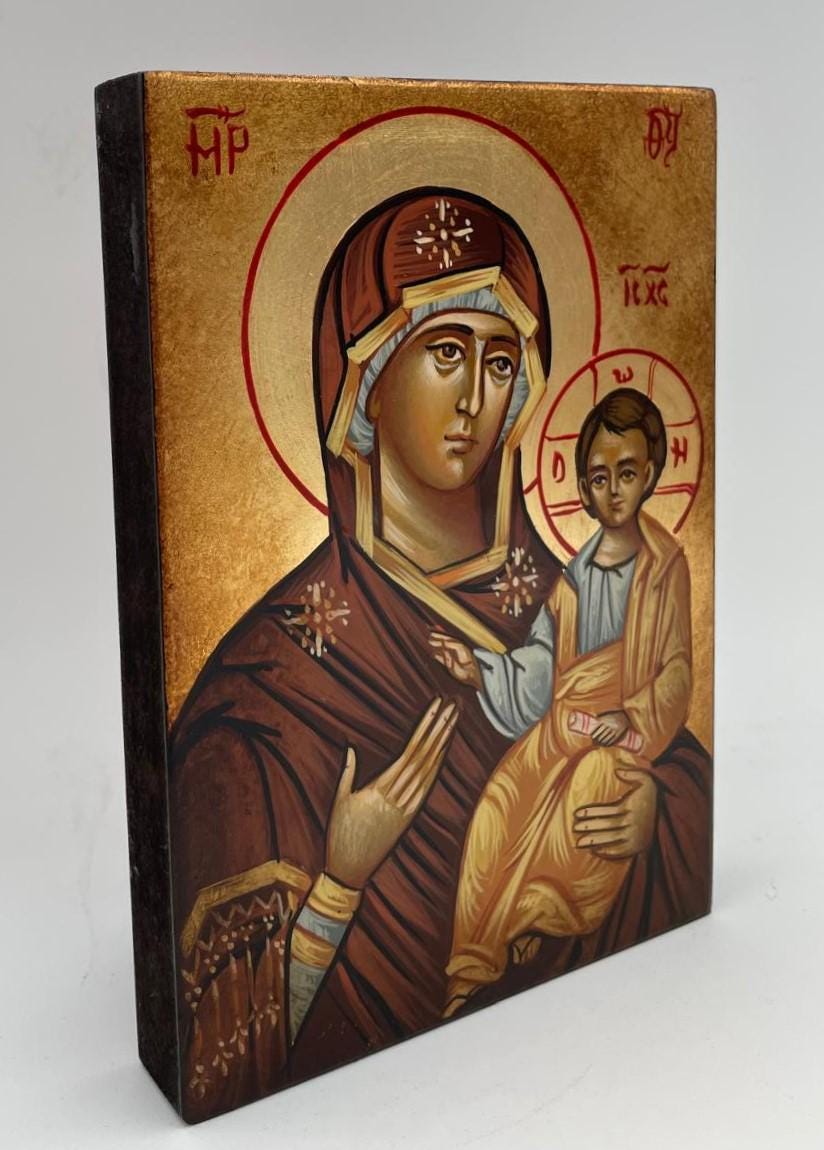 Icona Madonna con Bambino e Pergamena 10x14 cm – Stile Bizantino