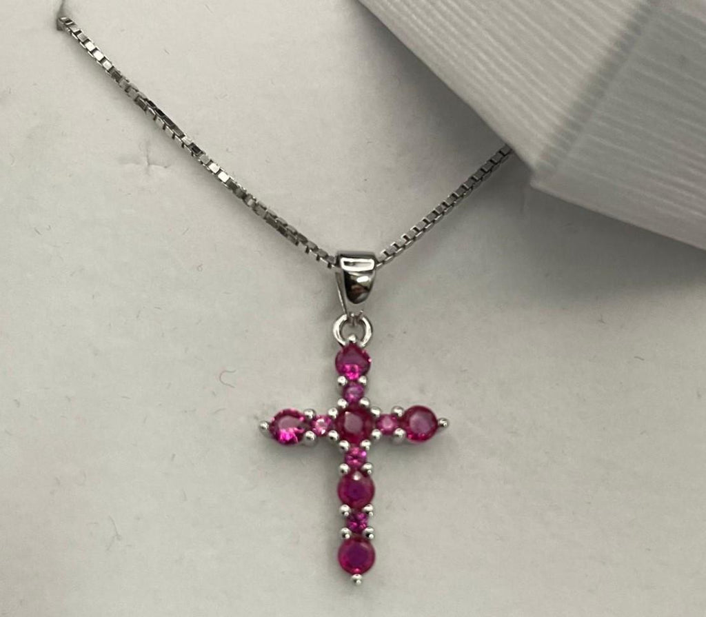 Croce in argento con zirconio rosa