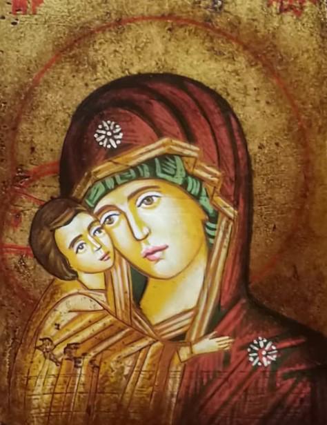 Icona Sacra Madonna della Tenerezza Anticata 18x24 cm – Dipinta a Mano