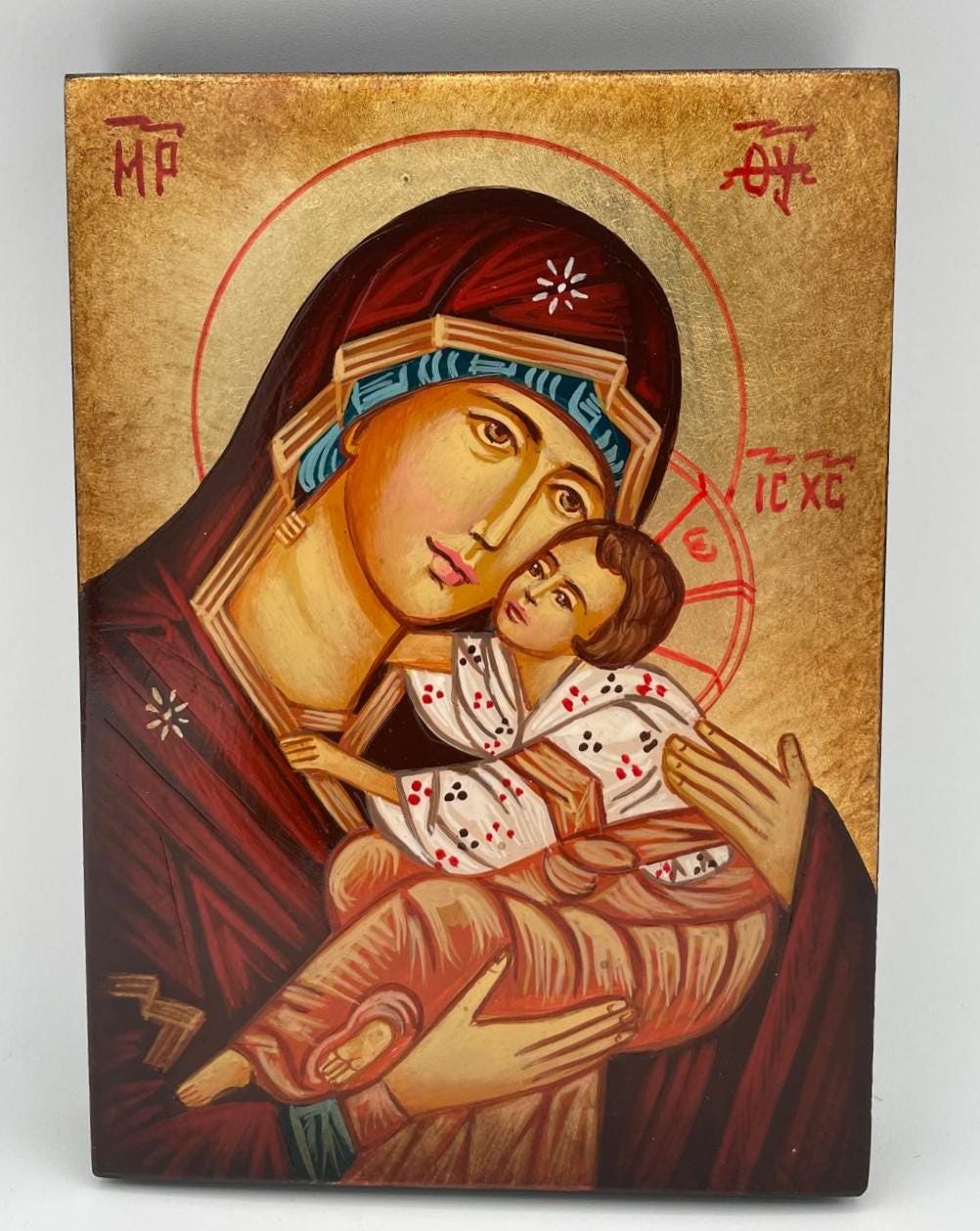 Ikone Madonna mit Kind 10x14 cm – handgemalt, goldener Hintergrund