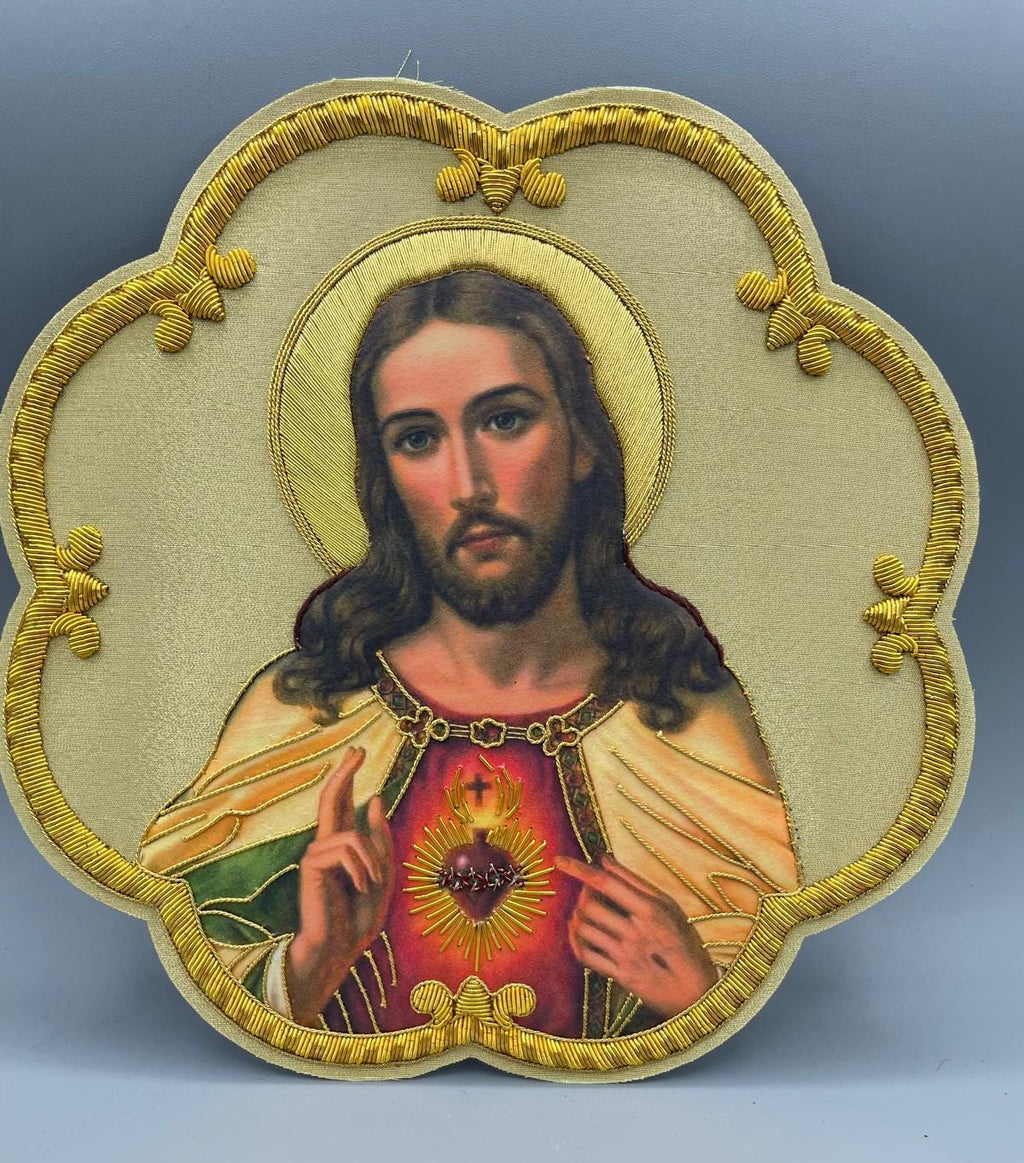Icona Sacro Cuore di Gesù Ricamata a Mano in Filo Oro 21x21 cm