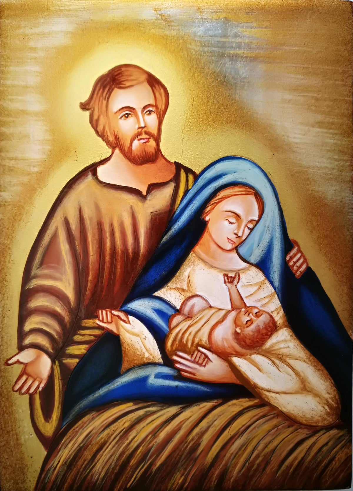Icona Sacra Famiglia Natività dipinta a mano su legno – 10 x 14 cm