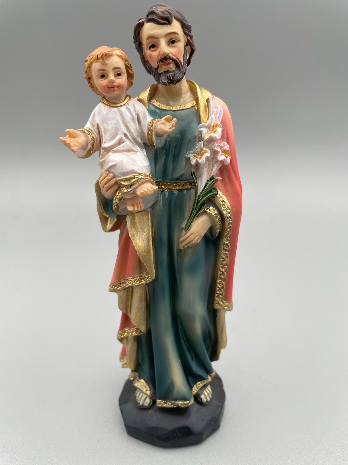 Statue Heiliger Josef mit Jesuskind aus bemaltem Kunstharz – 13 cm