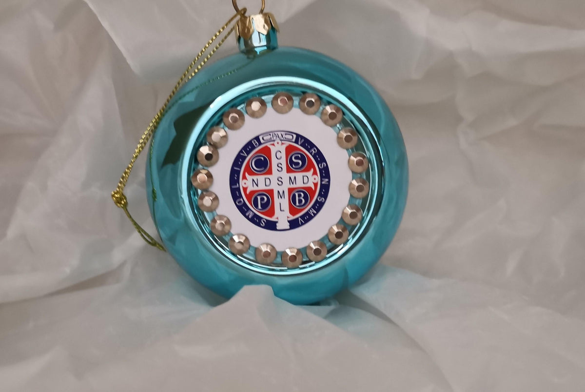 Pallina di Natale Blu Tiffany con Medaglia di San Benedetto