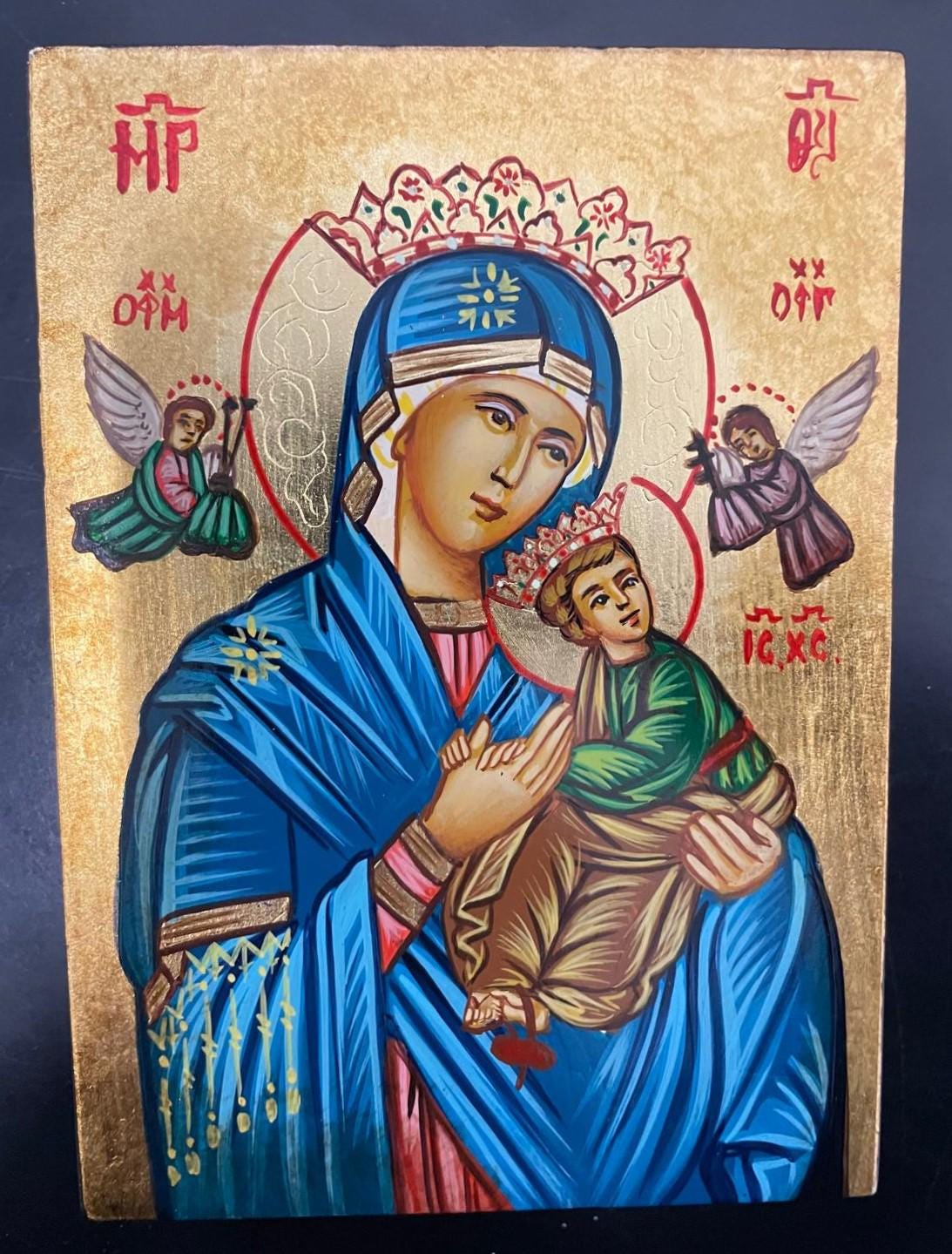 Icona Sacra Madonna del Soccorso con Corona 10x14 cm – Dipinta a Mano
