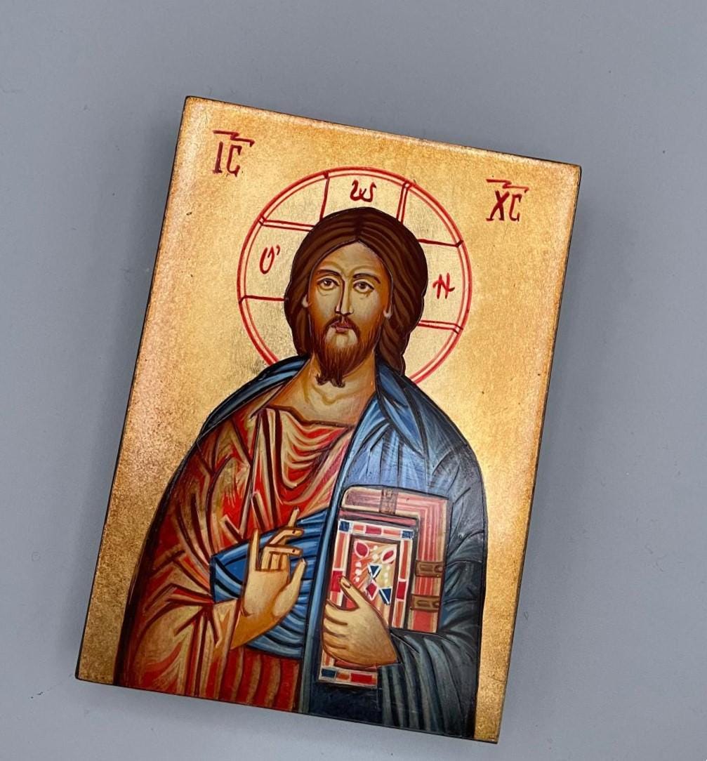 Heiligenikone Jesus Pantokrator mit Buch 10x14 cm – Handgemalt