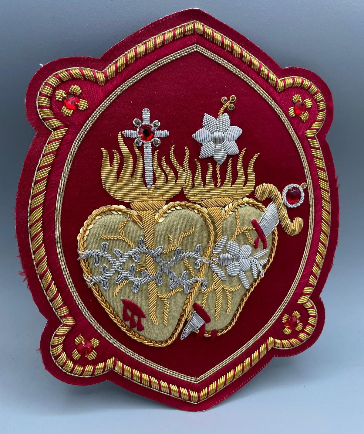 金糸刺繍 イエス・キリストの聖心とマリアの聖心 イコン 18x18cm