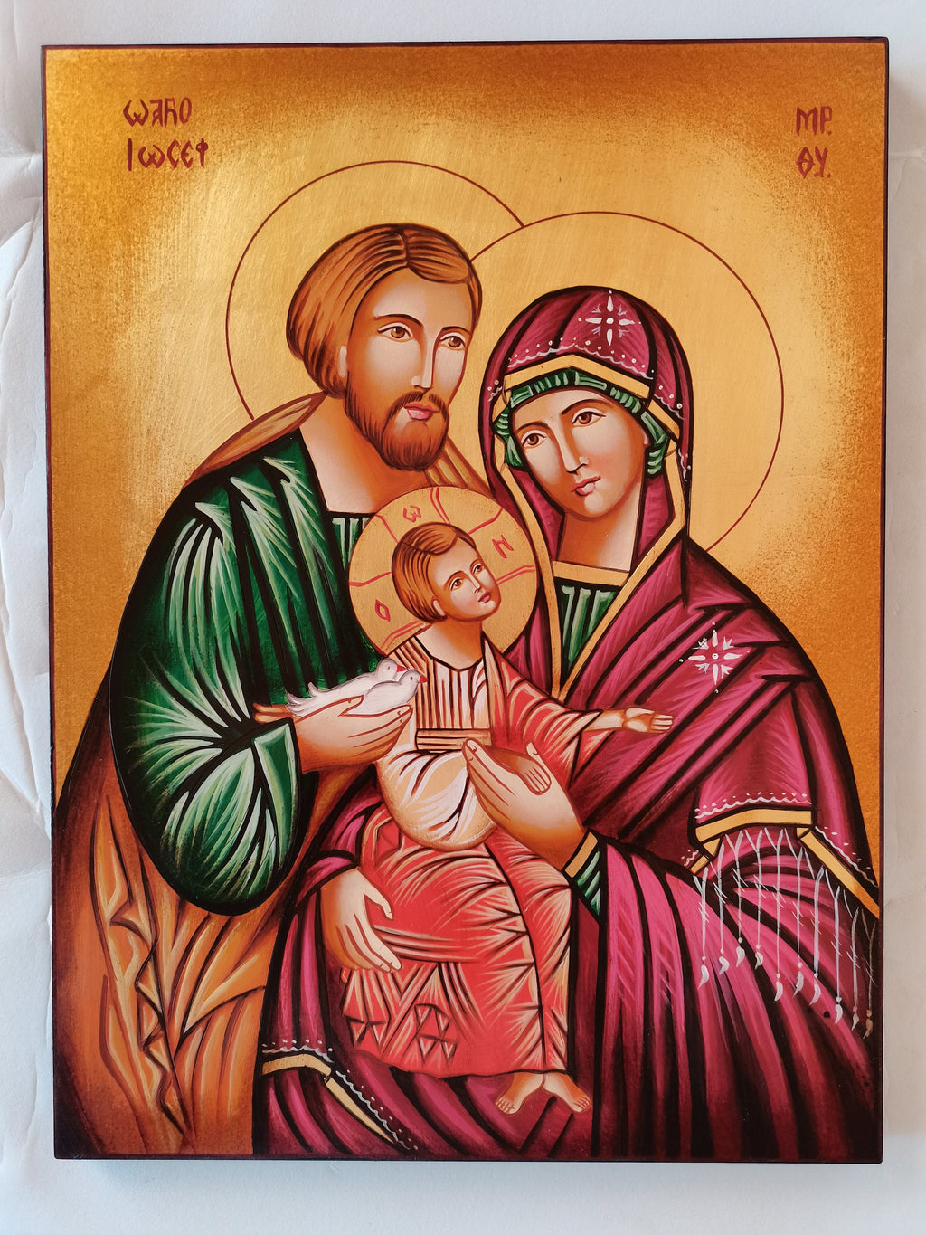 Icona Sacra Famiglia con Colombe 30x40 cm – Dipinta a Mano su Legno