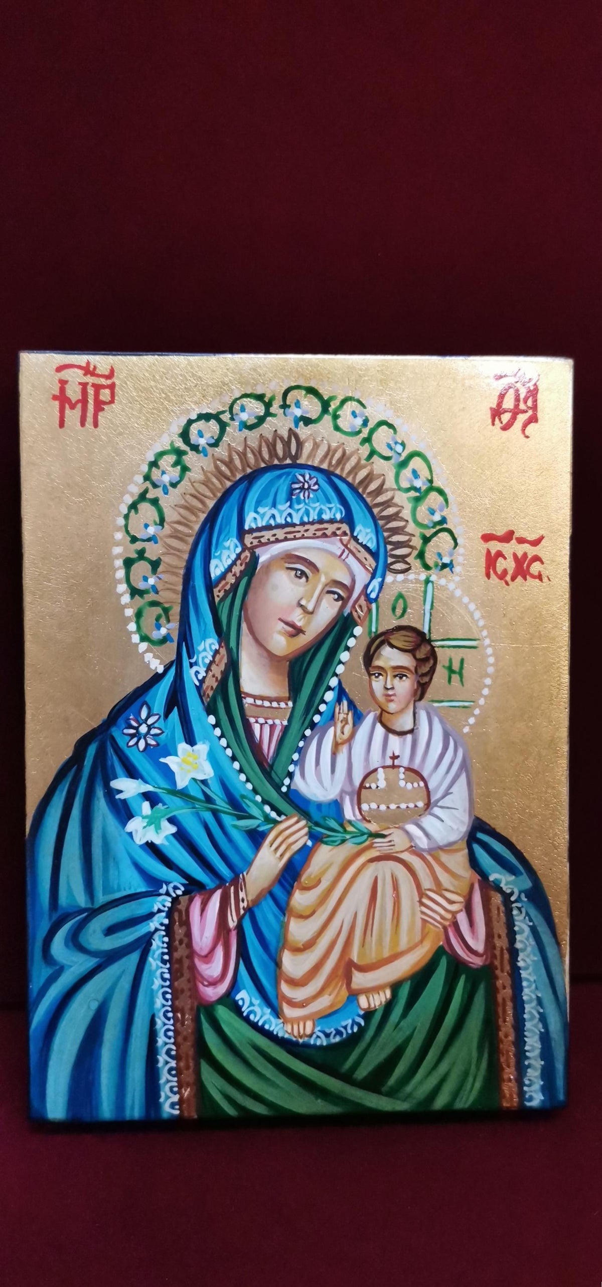 Madonna del Giglio con Gesù Bambino – Icona Sacra Dipinta a Mano