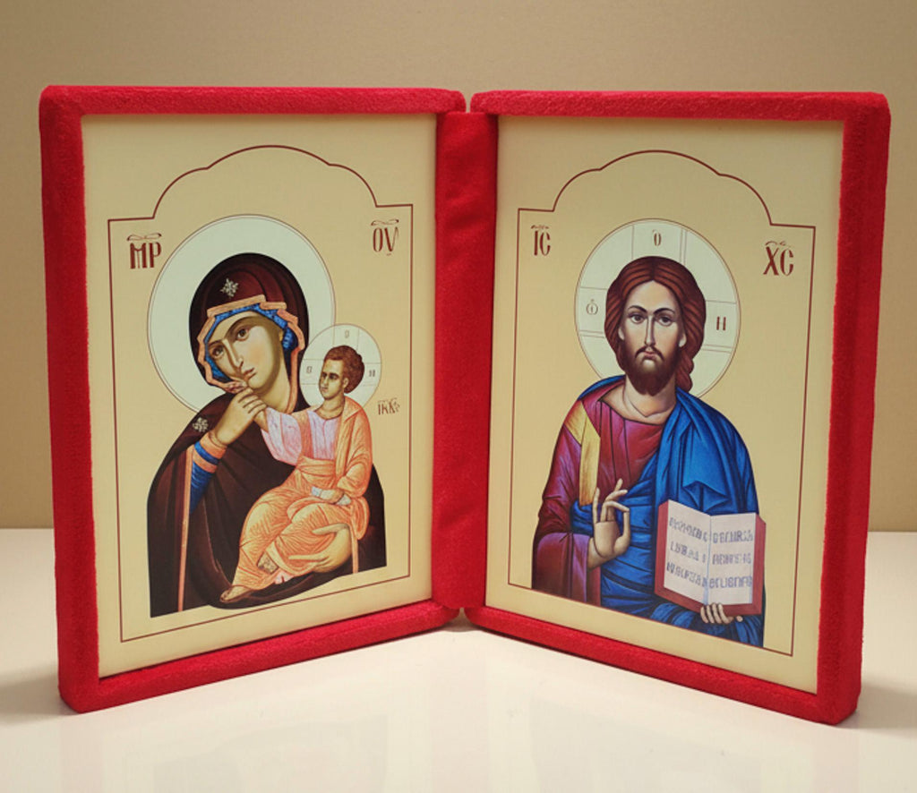 Dittico apribile Cristo Pantocratore e Madonna della Tenerezza in velluto rosso – 40 x 27 cm