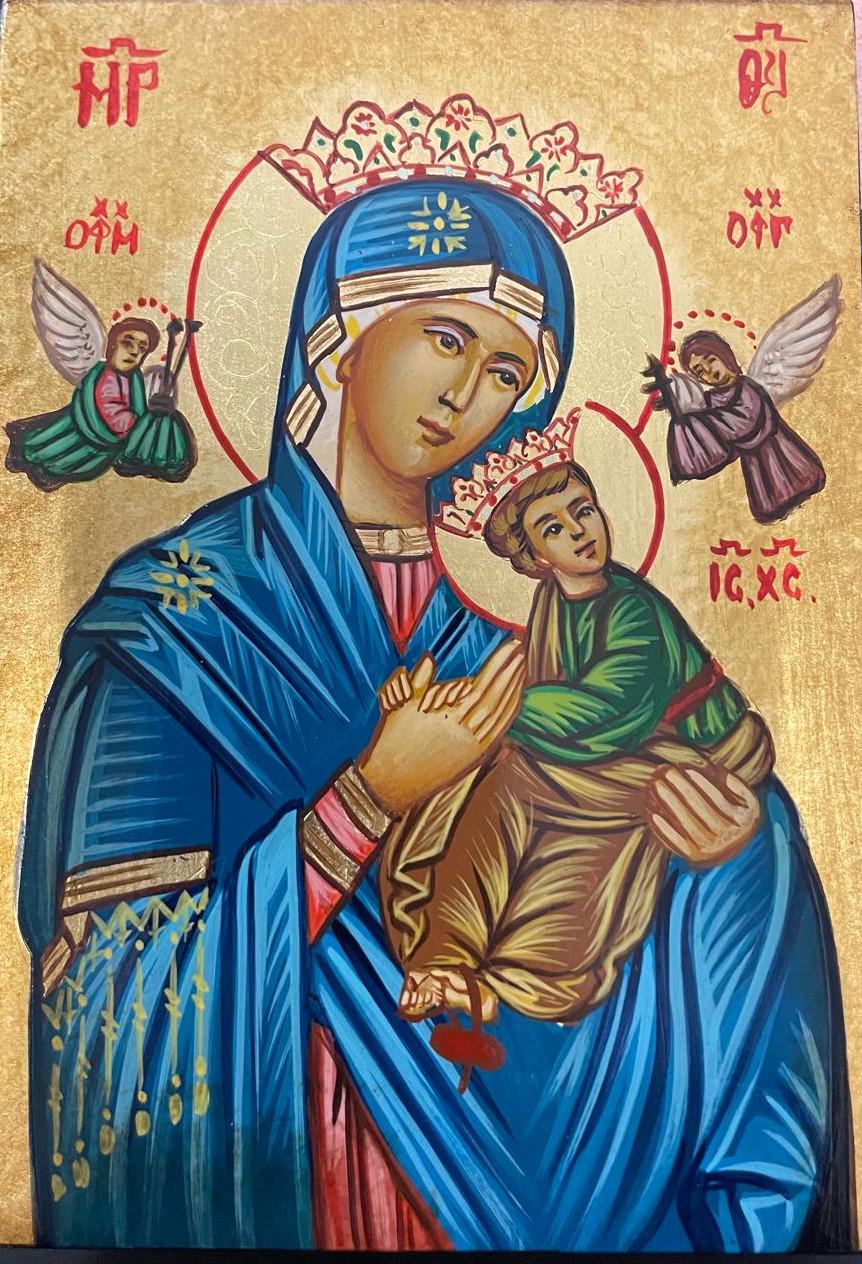 Icona Sacra Madonna del Soccorso con Corona 10x14 cm – Dipinta a Mano
