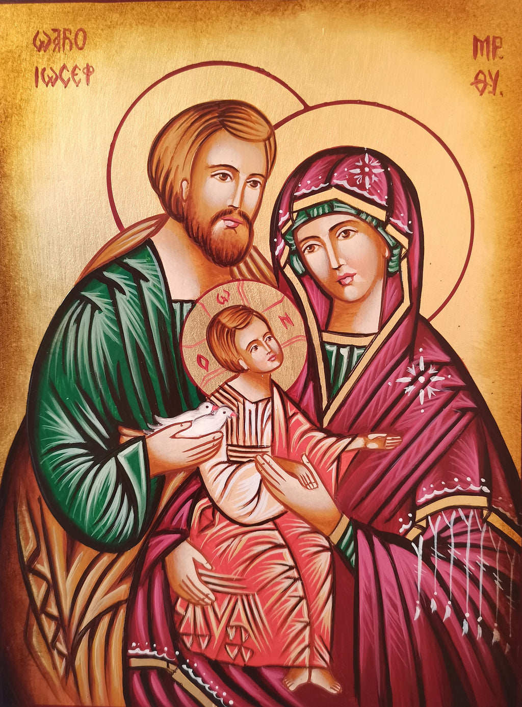 Icona Sacra Famiglia con Colombe 22x30 cm – Dipinta a Mano, Foglia Oro