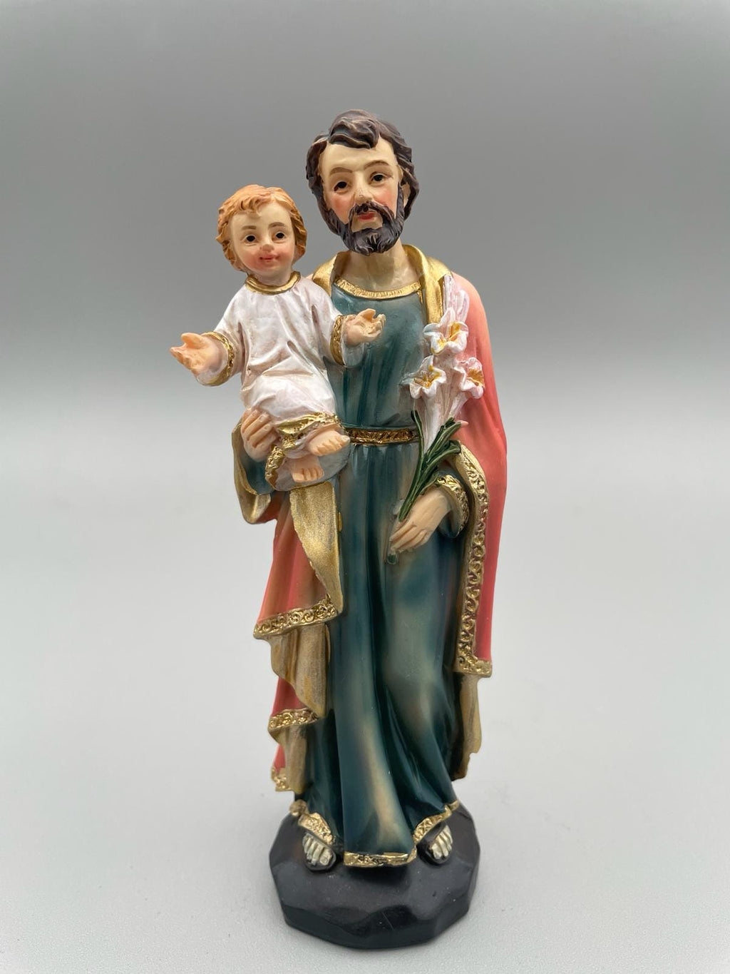 Statue Heiliger Josef mit Jesuskind aus bemaltem Kunstharz – 13 cm