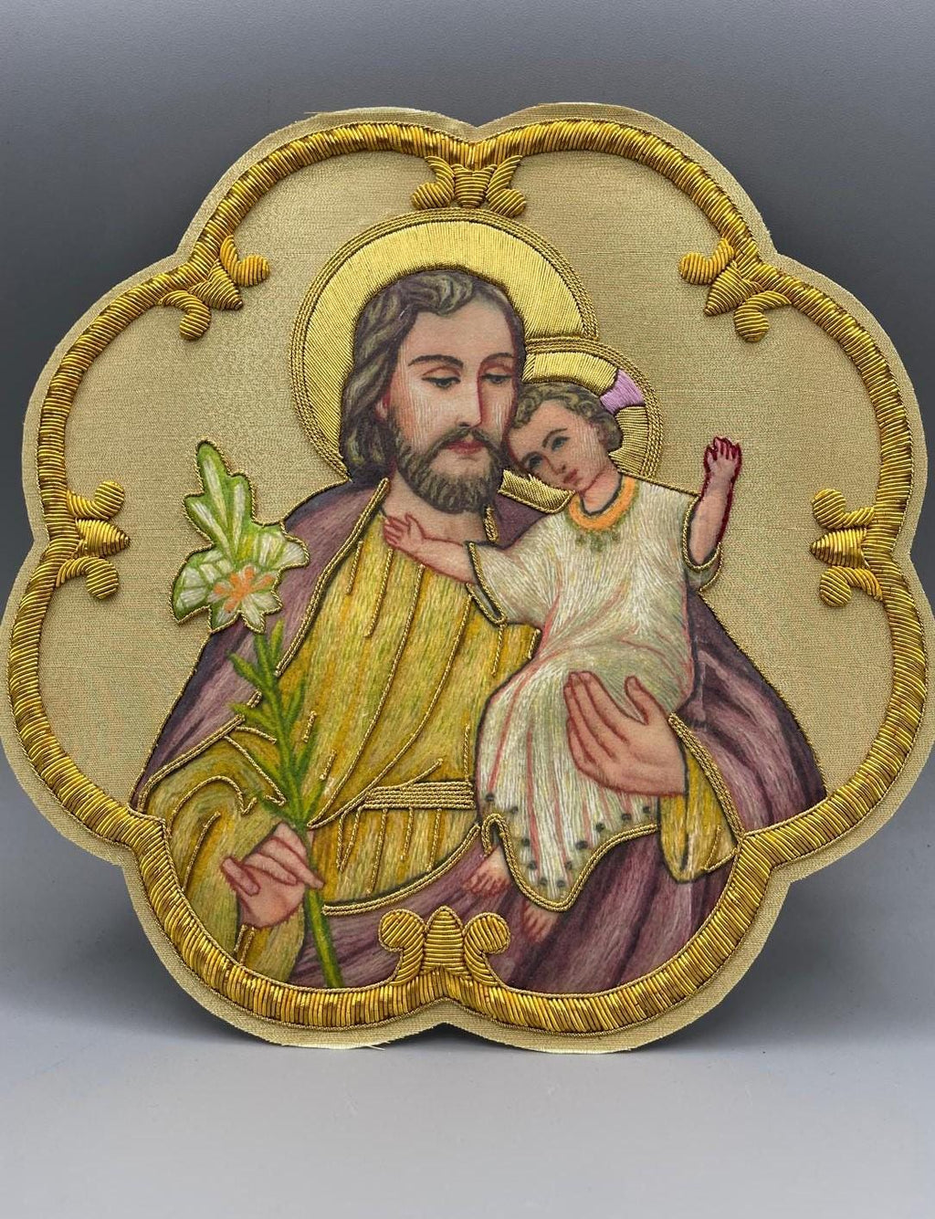 Icona San Giuseppe e Gesù Bambino con Giglio Ricamata in Filo Oro 21x21 cm