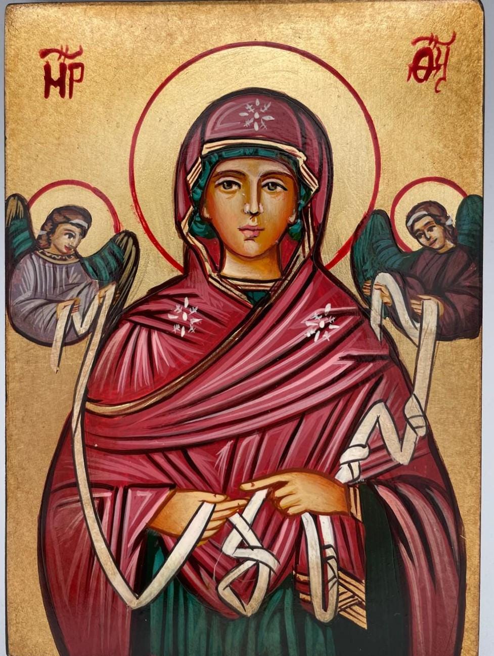 Icona Sacra Madonna che scioglie i nodi dipinta a mano su tavola di legno