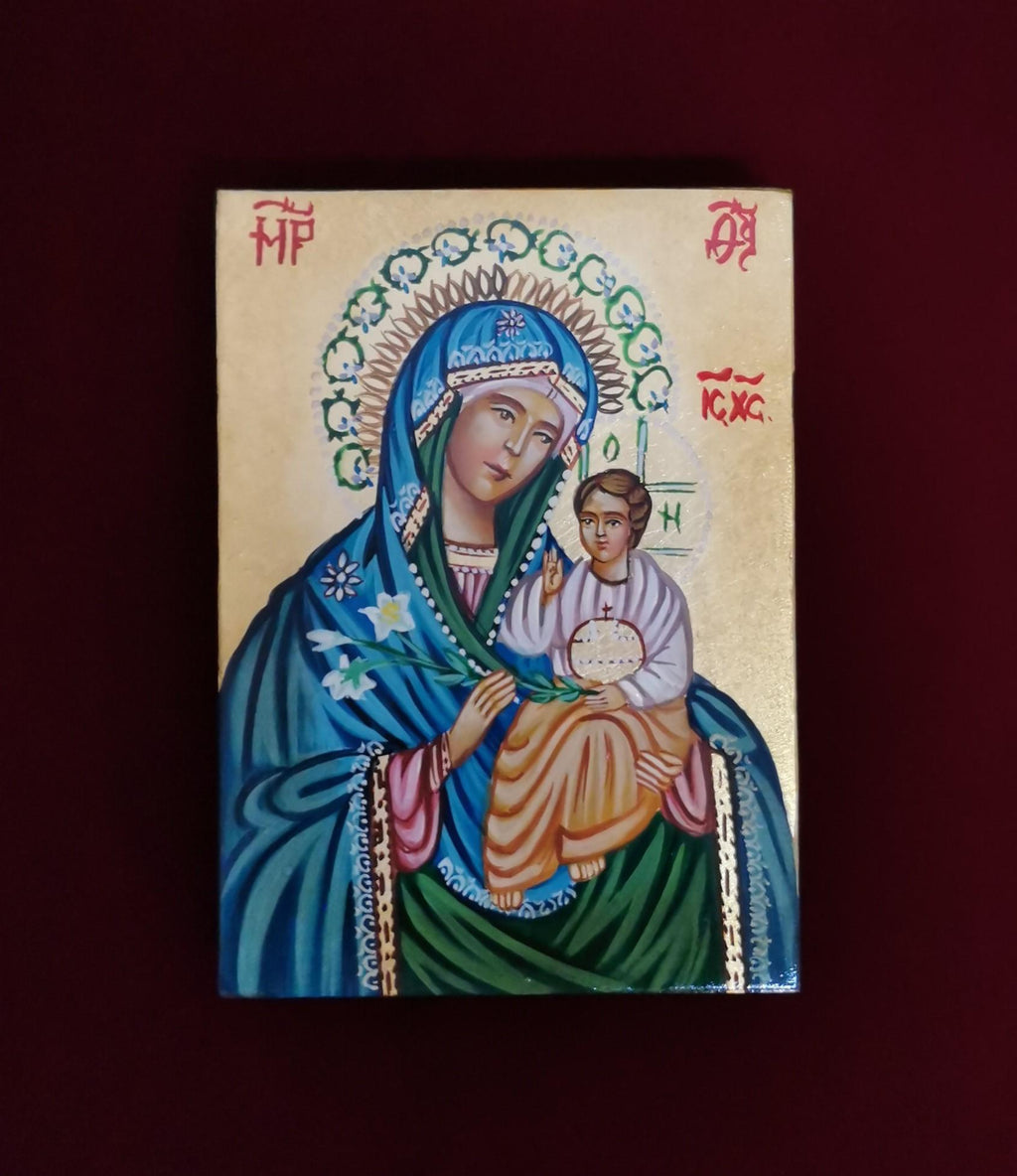 Madonna del Giglio con Gesù Bambino – Icona Sacra Dipinta a Mano
