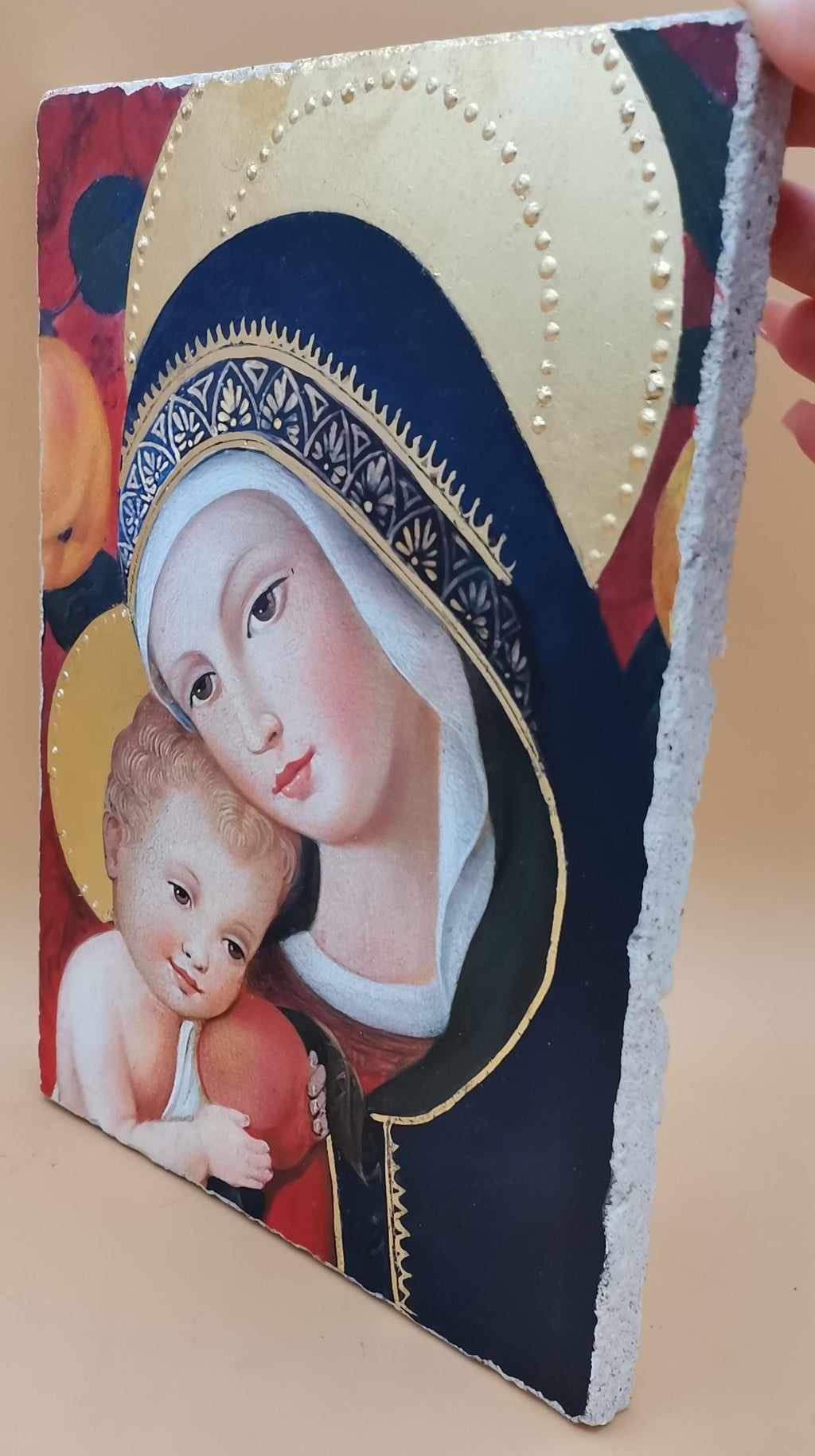 Madonna con Bambino – Affresco Bottega Tifernate 24x18 cm, Foglia Oro 18 kt