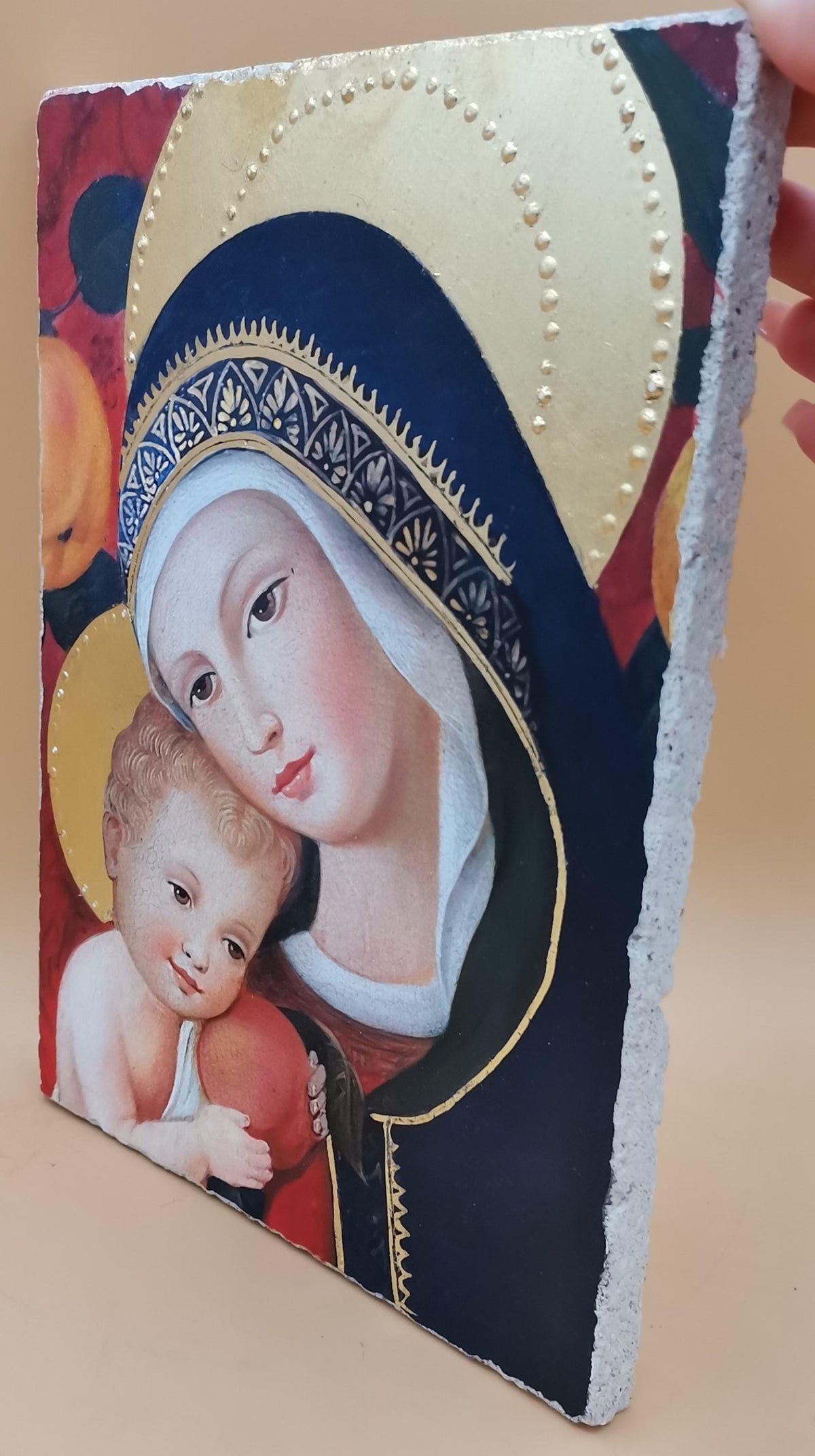 Madonna con Bambino – Affresco Bottega Tifernate 24x18 cm, Foglia Oro 18 kt