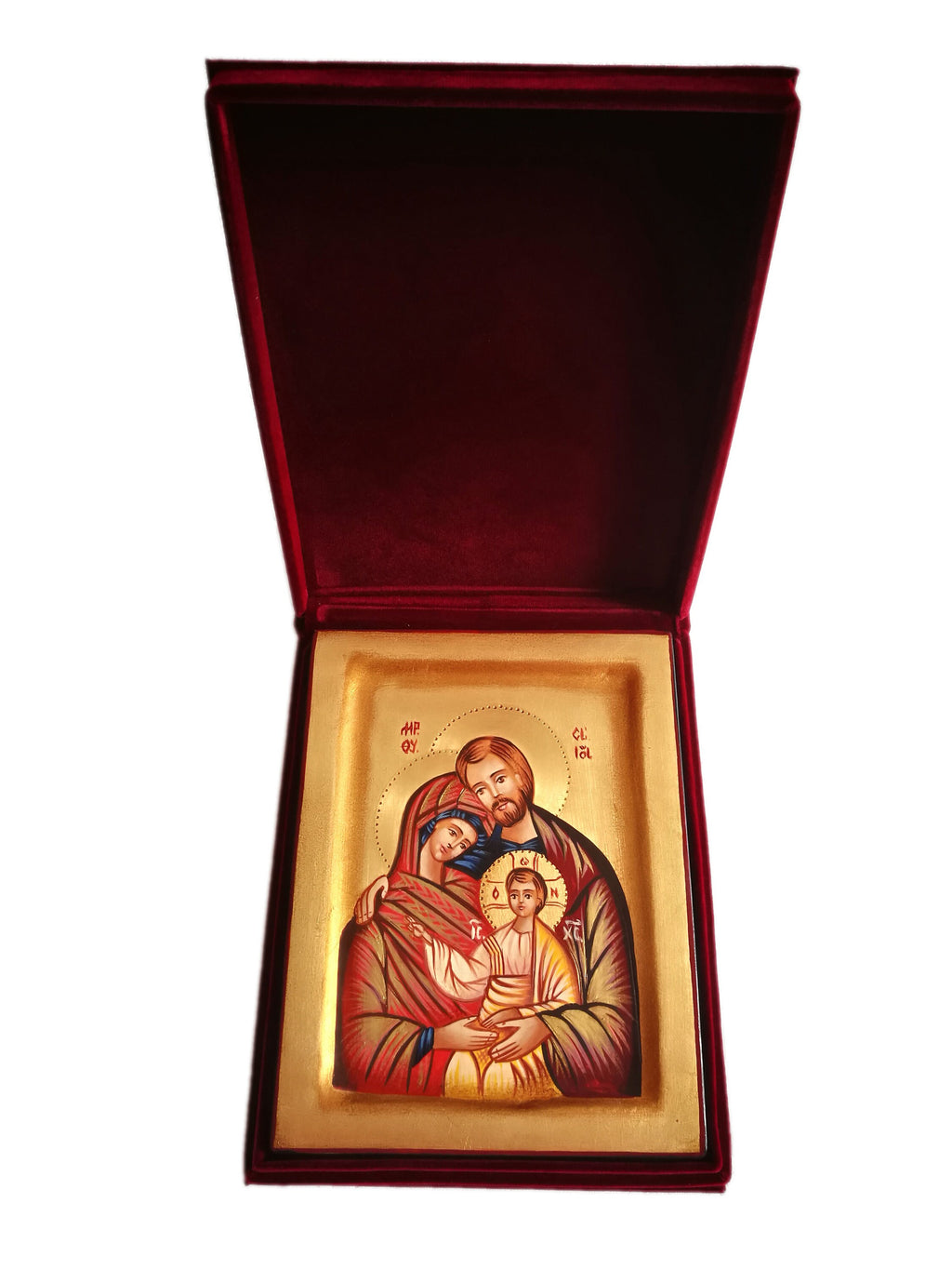 Icona Sacra Ortodossa Sacra Famiglia Dipinta a Mano su Legno con Foglia d'Oro 14x18 cm