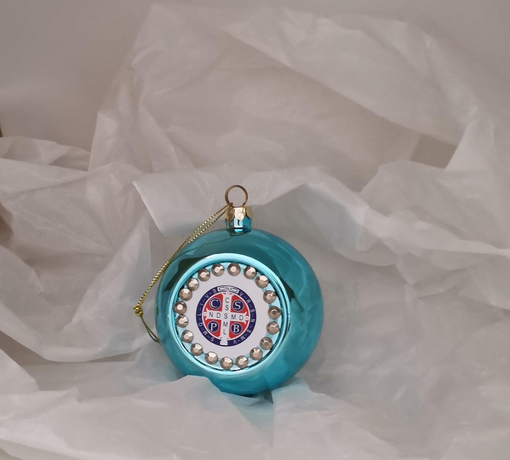 Pallina di Natale Blu Tiffany con Medaglia di San Benedetto