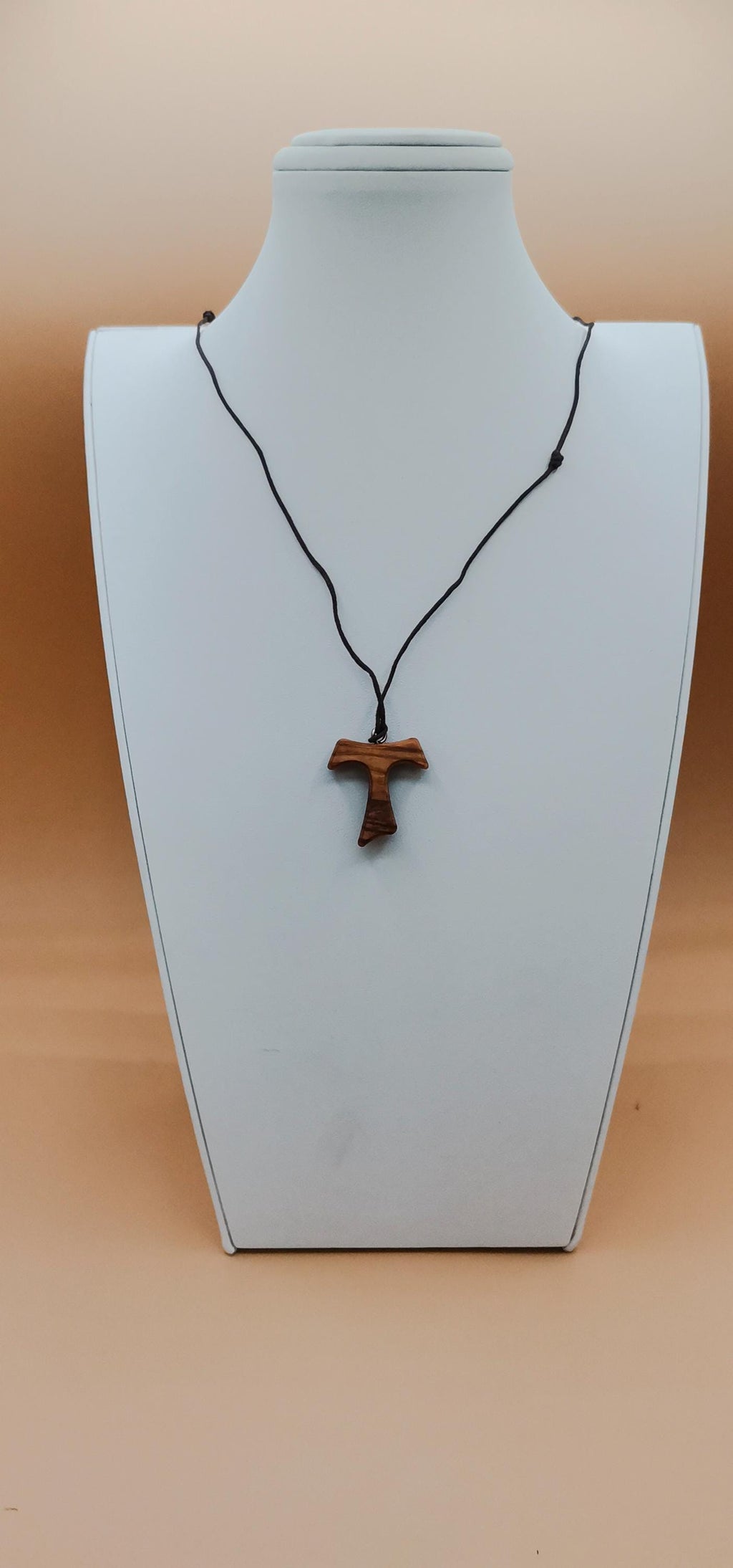 Tau franciscain en bois d'olivier avec cordon marron – 4x3 cm