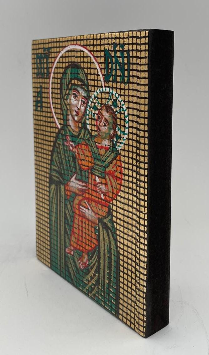 Icona Madonna con Bambino (Theotokos) 10x14 cm – Fondo Dorato a Griglia