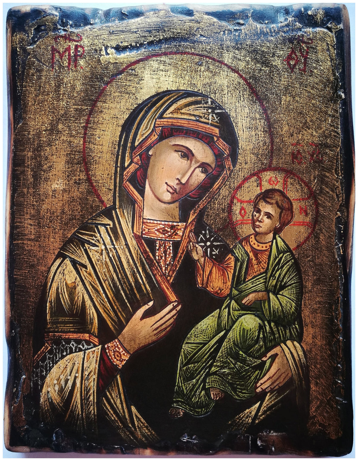 Icône sacrée Madone Odigitria avec l'Enfant Jésus, vieillie, peinte à la main – 14 x 18 cm