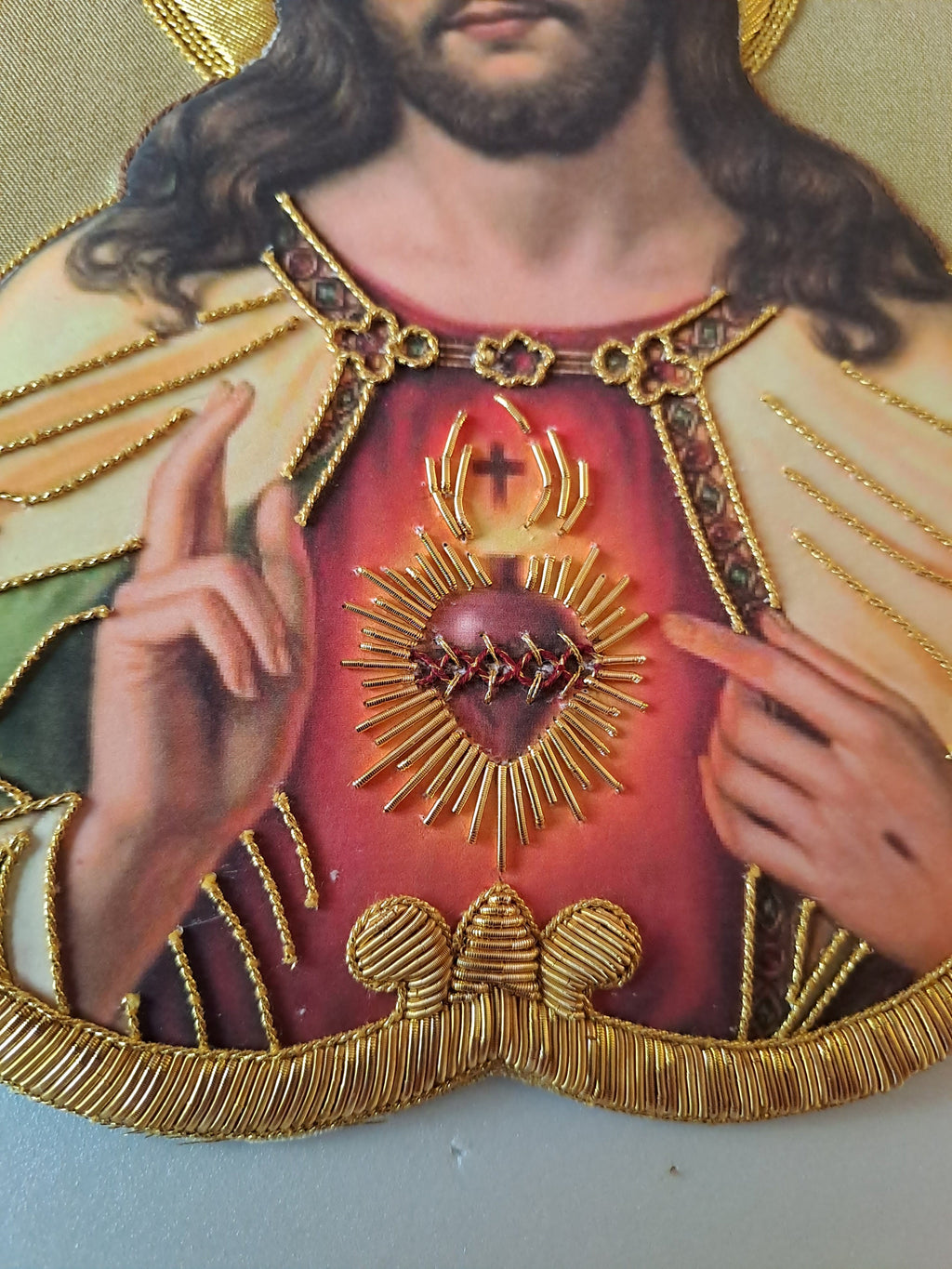 Icona Sacro Cuore di Gesù Ricamata a Mano in Filo Oro 21x21 cm
