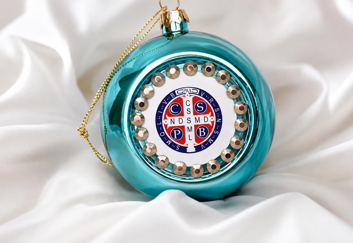 Pallina di Natale Blu Tiffany con Medaglia di San Benedetto