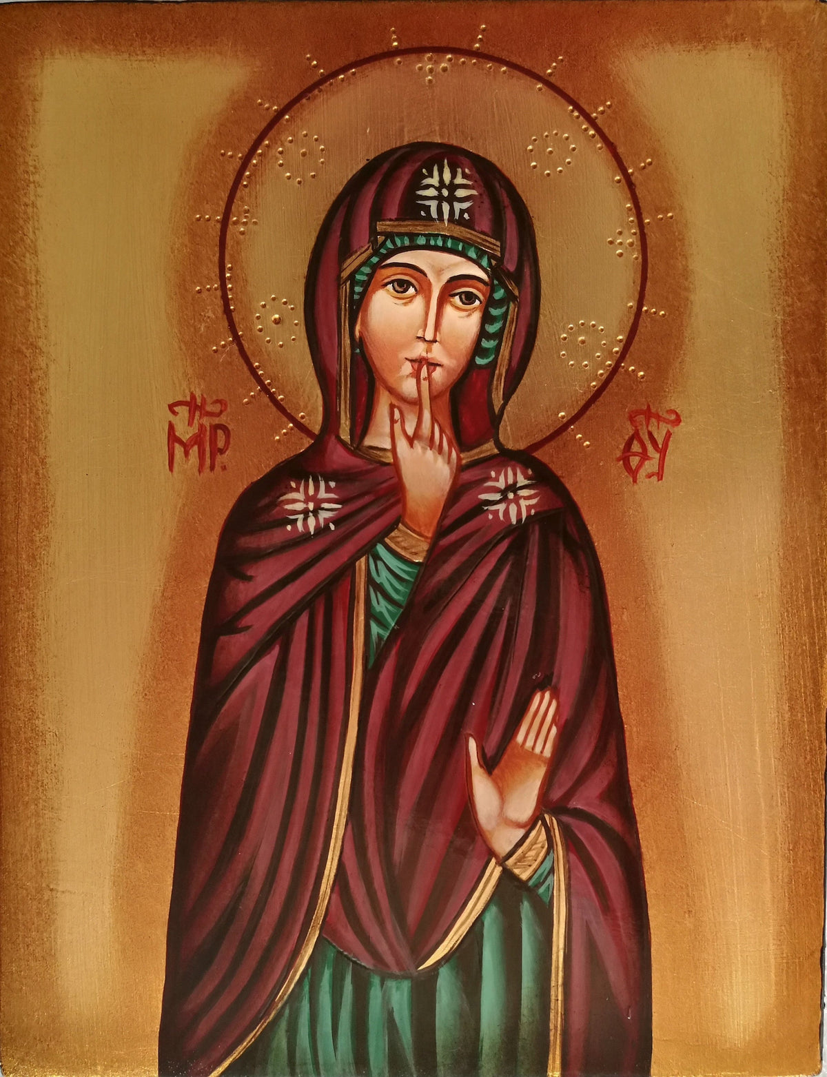 Icona sacra Madonna del Silenzio dipinta a mano su legno – 14 x 18 cm