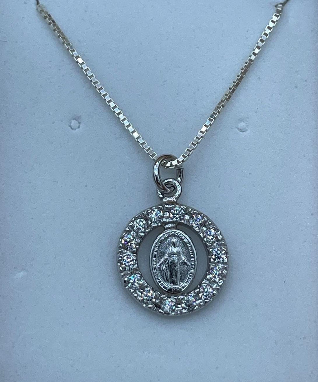 Collana Medaglia Miracolosa con zirconi e catenina in argento 925 – 50 cm