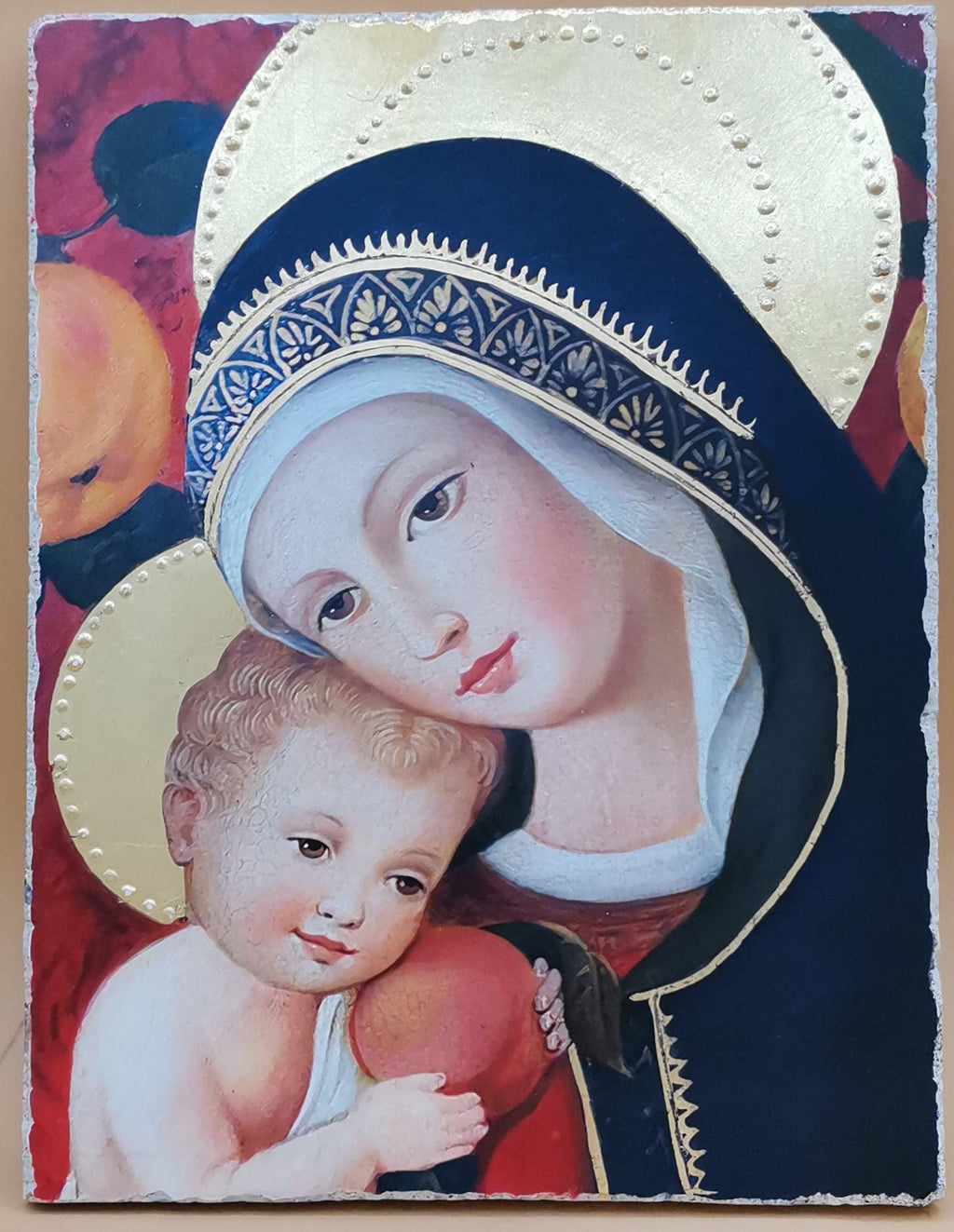 Madonna con Bambino – Affresco Bottega Tifernate 24x18 cm, Foglia Oro 18 kt
