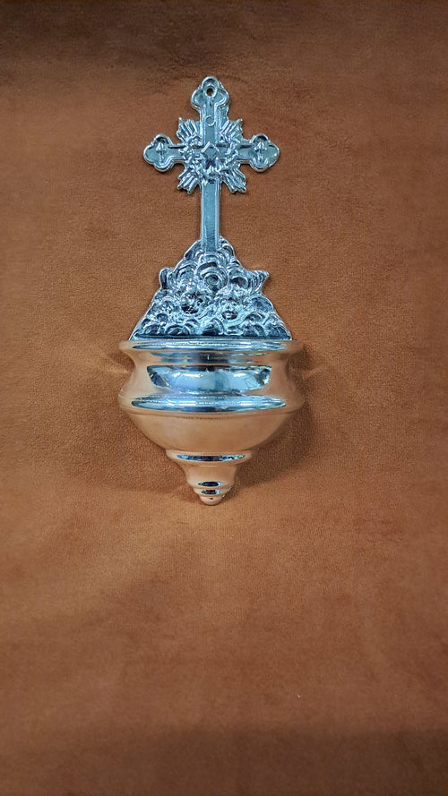 Acquasantiera da muro in ottone argentata cm 19 x 9