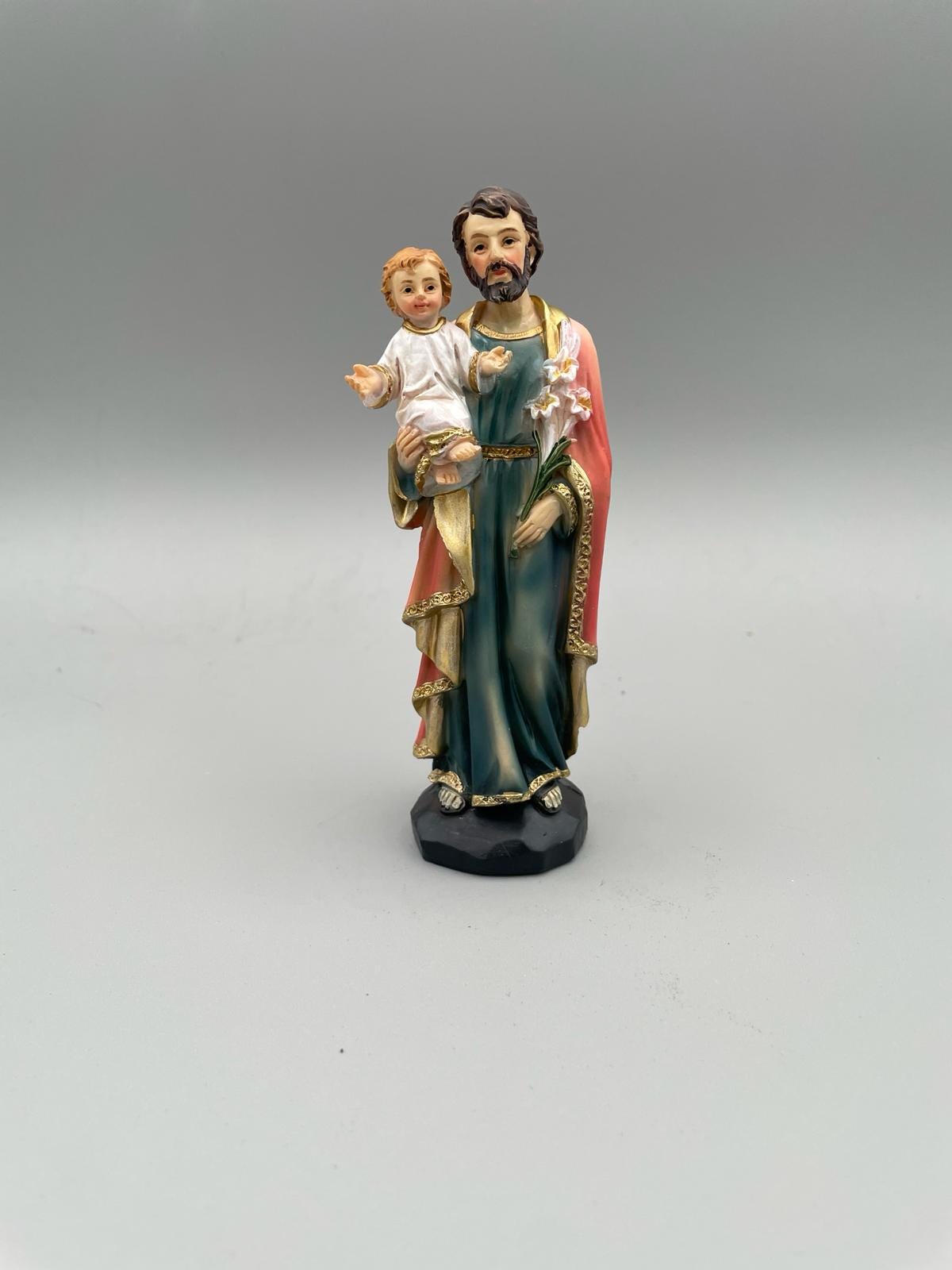 Statue Heiliger Josef mit Jesuskind aus bemaltem Kunstharz – 13 cm